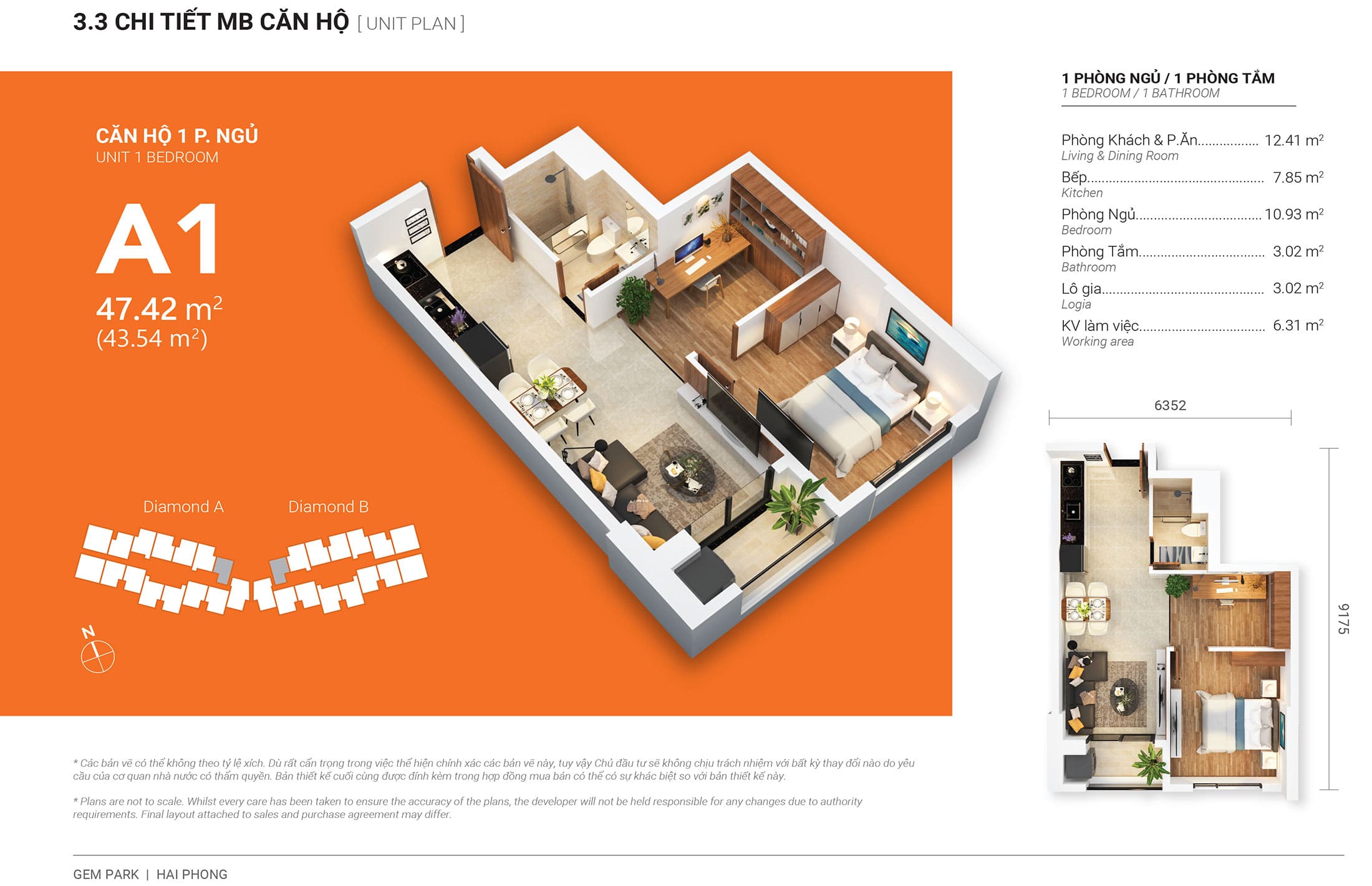 Layout thiết kế căn hộ 1 phòng ngủ 47m2, loại A1, tòa Diamond A dự án Central Point Hải Phòng.