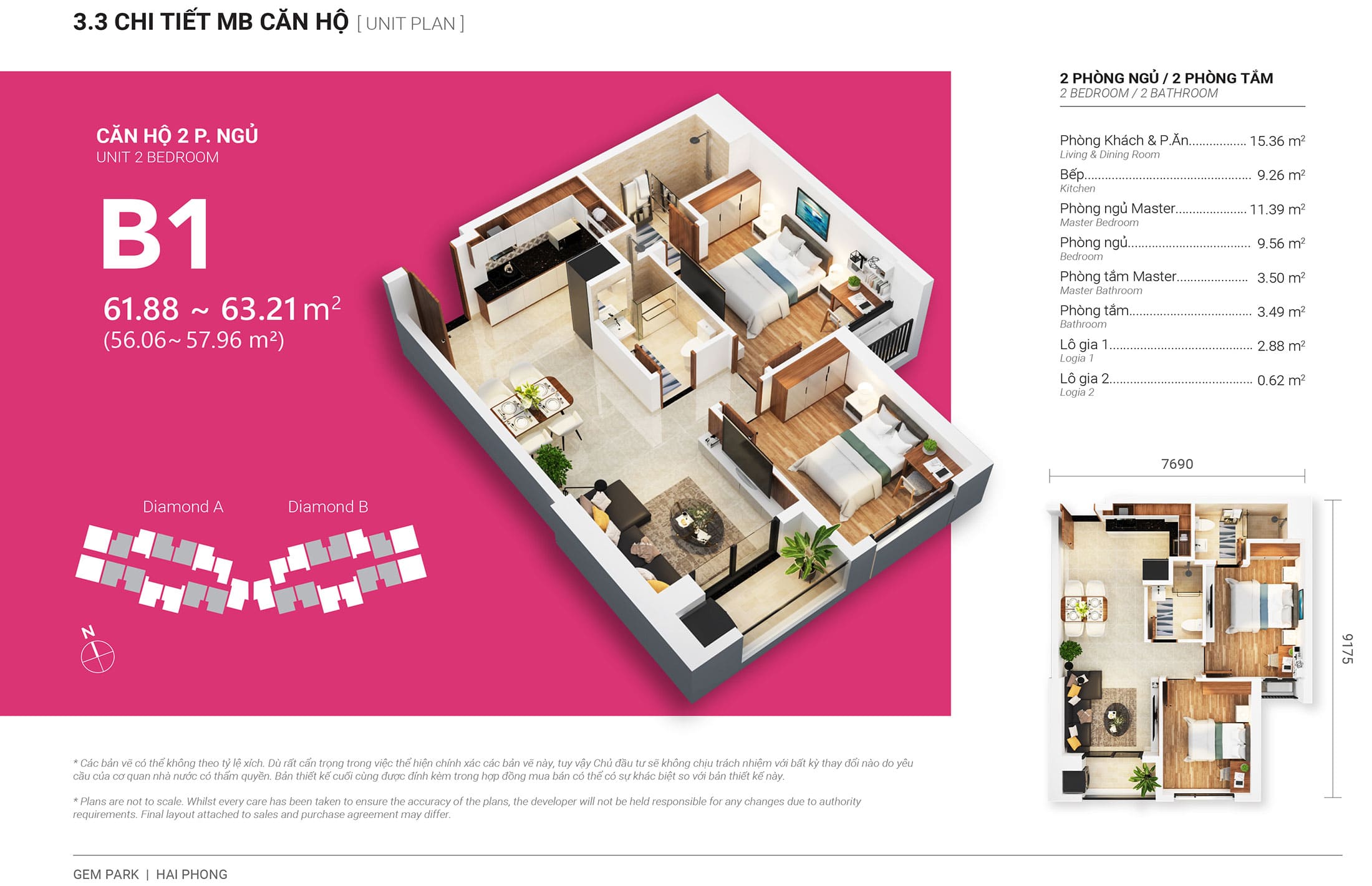 Layout thiết kế căn hộ 2 phòng ngủ 61m2 - 63m2, loại B1, tòa Diamond A dự án Central Point Hải Phòng.