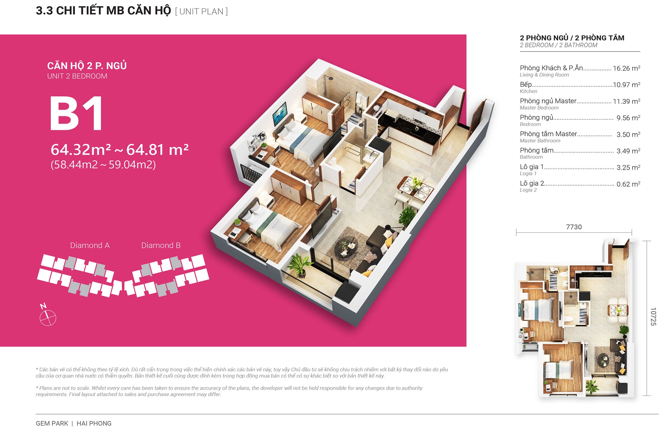 Layout thiết kế căn hộ 2 phòng ngủ 64m2 , loại B1, tòa Diamond A dự án Central Point Hải Phòng.