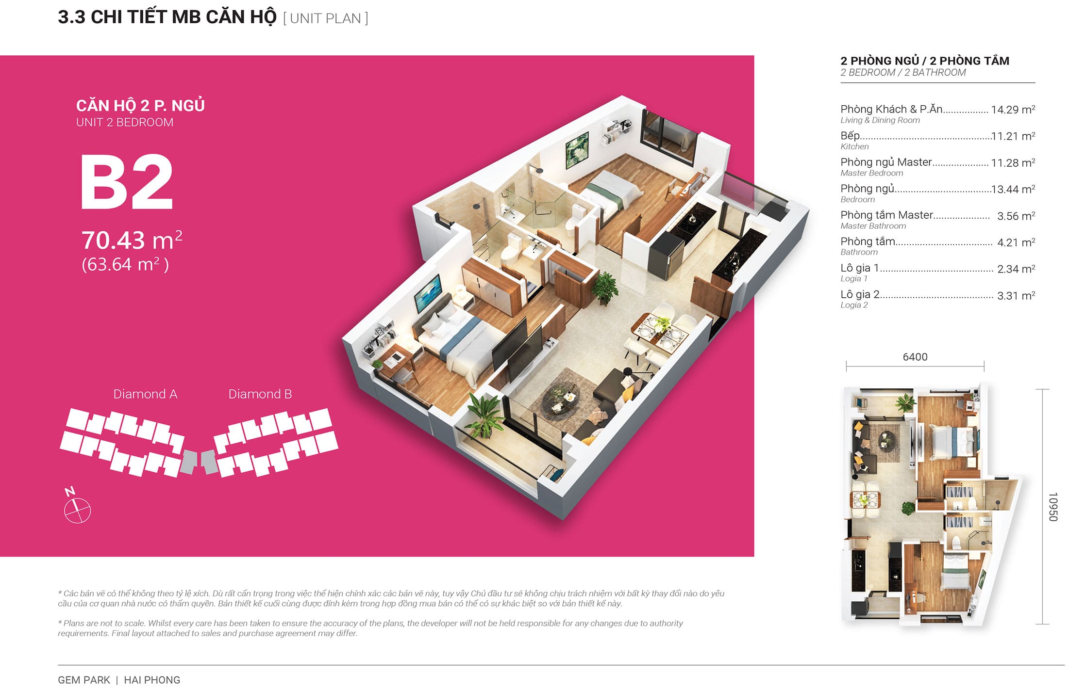 Layout thiết kế căn hộ 2 phòng ngủ 70m2 , loại B2, tòa Diamond A dự án Central Point Hải Phòng.