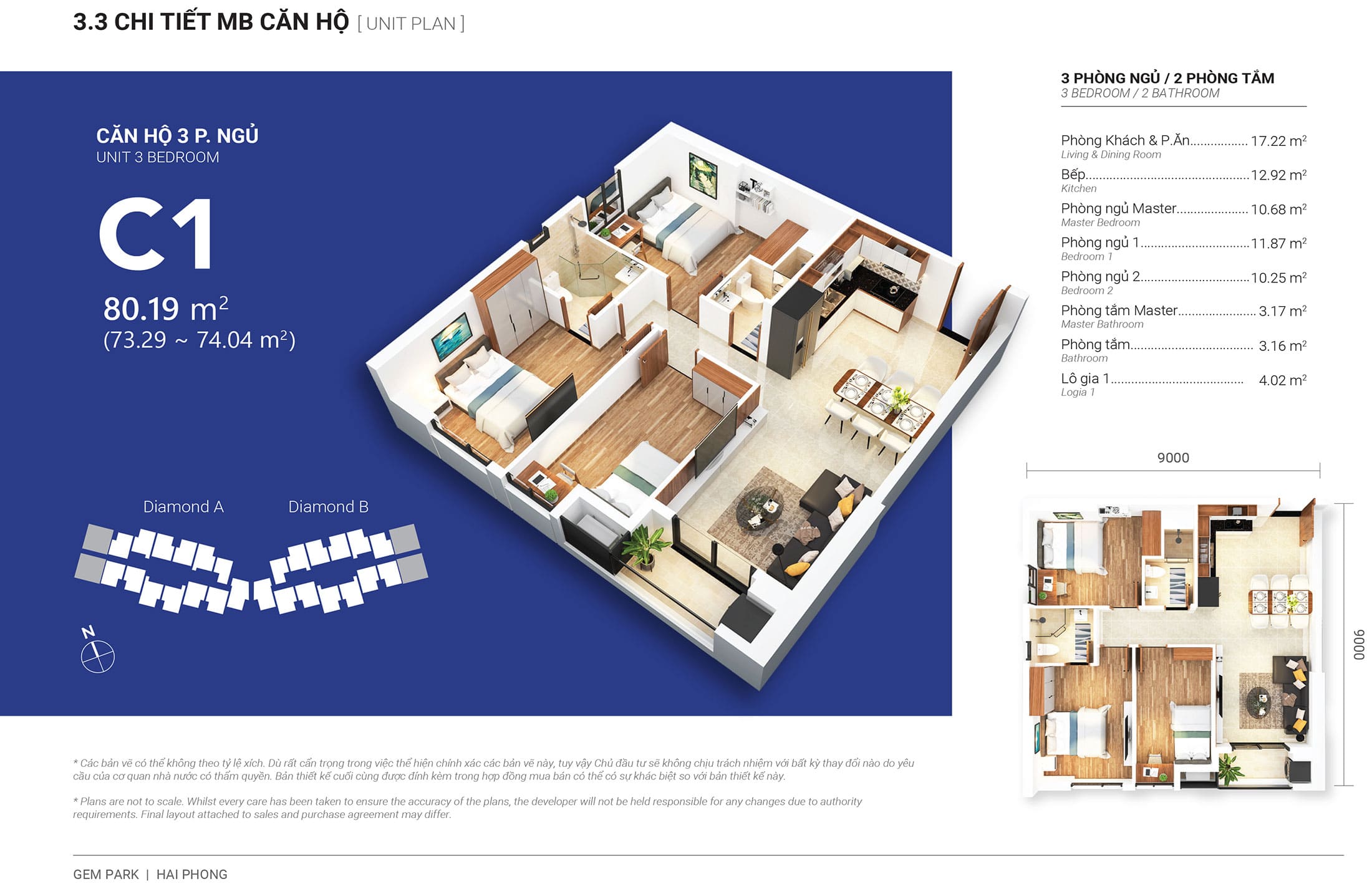 Layout thiết kế căn hộ 3 phòng ngủ 80m2, loại C1, tòa Diamond A dự án Central Point Hải Phòng.